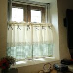 Bow‑decorated lace short kitchen window tier curtain with green gingham hem