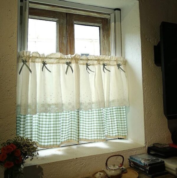 Bow‑decorated lace short kitchen window tier curtain with green gingham hem