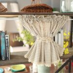 Tied beige check cafe curtain with lace edge, country style small window curtain gathered with fabric tie, farmhouse kitchen decoration