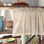 Farmhouse beige gingham cafe curtain hanging on wooden rod, rod pocket short kitchen window curtain with lace trim, home dining room decor