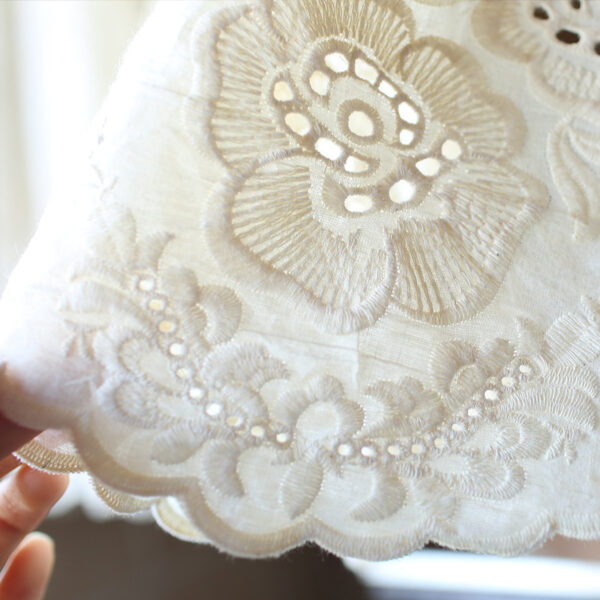 Soft 80% cotton‑blend fabric hollow flower embroidery close‑up for white floral short curtain