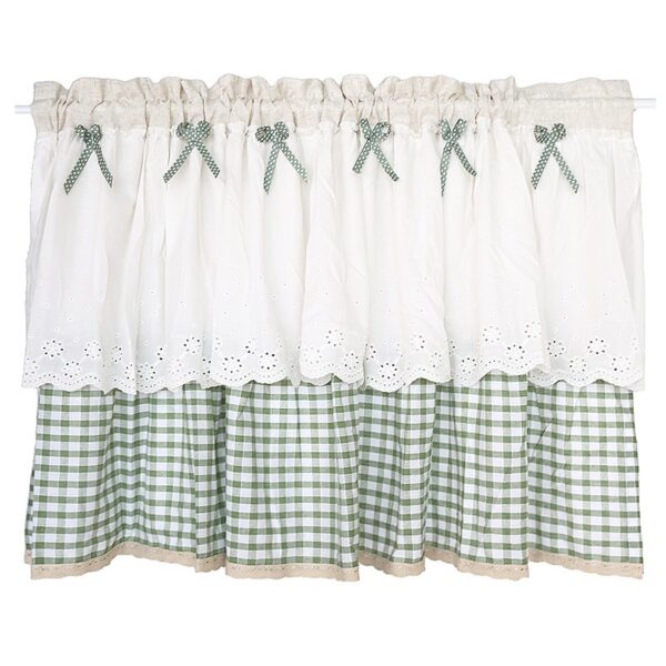 White lace‑ruffled short kitchen window tier curtain with green plaid hem and bow decor