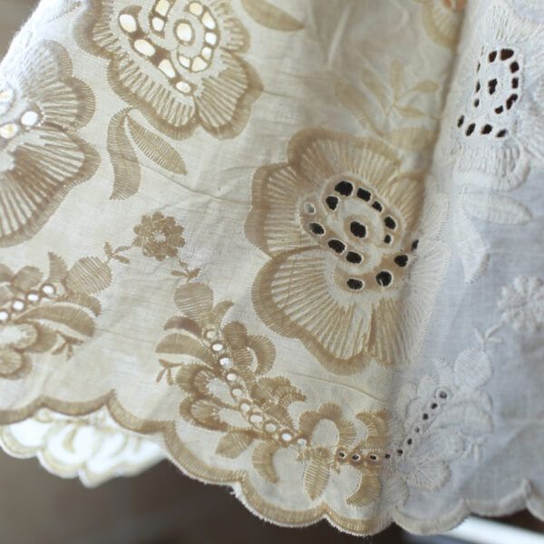 Close‑up of hollow‑out floral embroidery on white floral short curtain