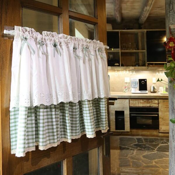 Green gingham hem detail of ruffled white lace tier curtain