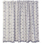 Full‑length view of single‑panel farmhouse cotton curtain with blue fish print pattern