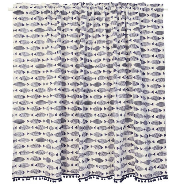 Full‑length view of single‑panel farmhouse cotton curtain with blue fish print pattern