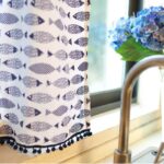 Farmhouse blue fish print cafe curtain, single‑panel cotton kitchen short curtain with pom‑pom fringe