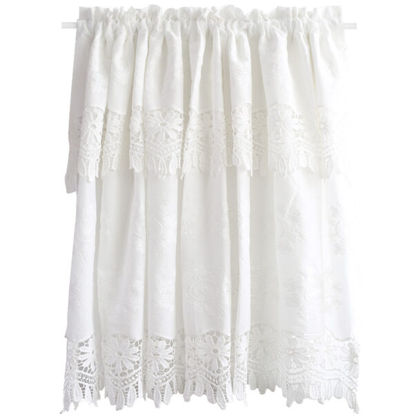 Alt‑Text：White floral lace short cafe curtain, rod pocket sheer kitchen window drape