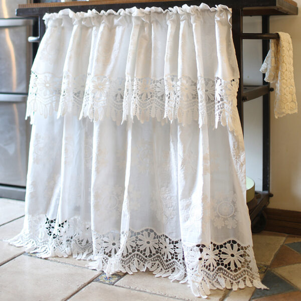 Farmhouse ruffled‑top white lace curtain, translucent kitchen window treatment
