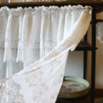 Embroidered floral sheer white lace curtain close‑up, soft lightweight fabric
