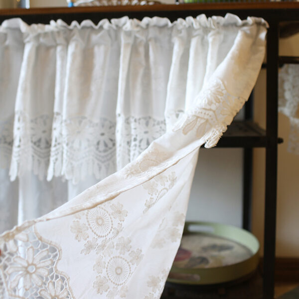 Embroidered floral sheer white lace curtain close‑up, soft lightweight fabric