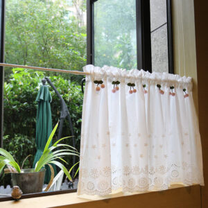 semi‑sheer cottagecore cherry tier curtain hanging by window natural daylight home decor