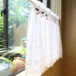 cottagecore cherry tier curtain hanging on kitchen window solid white cotton semi‑sheer short curtain