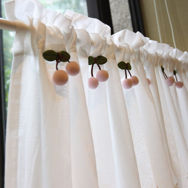 cottagecore cherry tier curtain close‑up view of tiny pink cherry ornaments on rod‑pocket header