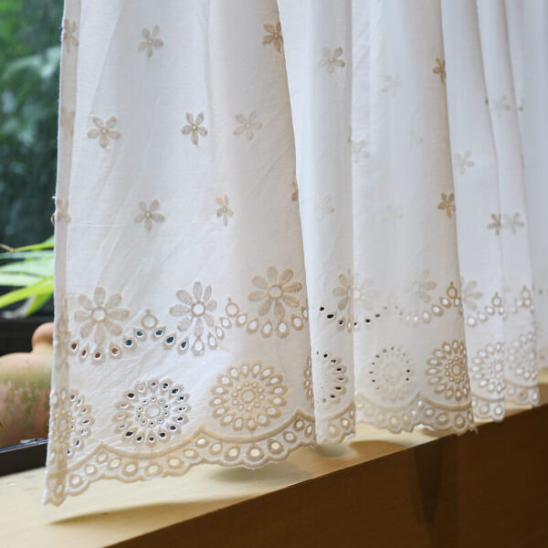 white cottagecore cherry tier curtain showing hollow‑out embroidered hem cotton fabric