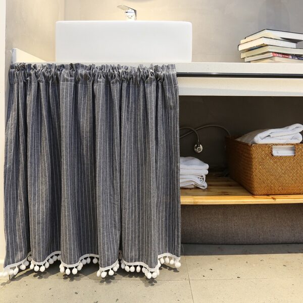 Grey striped tier curtain with white pom‑pom trim, nordic short curtain for bookshelf cabinet cover