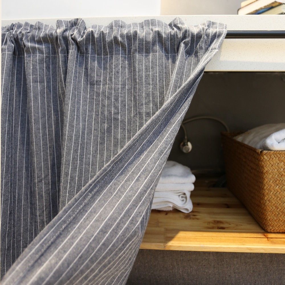 Grey vertical‑striped tier curtain pulled‑open display for cabinet‑door decoration