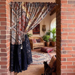 Bohemian print rod‑pocket curtain, vintage boho window curtain for indoor doorway decor