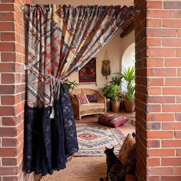 Bohemian print rod‑pocket curtain, vintage boho window curtain for indoor doorway decor