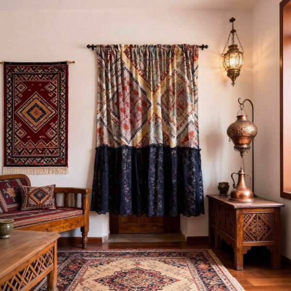 Colorful bohemian patterned curtain hanging on window, boho farmhouse home decoration