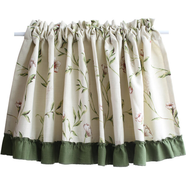 Farmhouse floral linen‑blend tier curtains with green ruffle hem for kitchen window