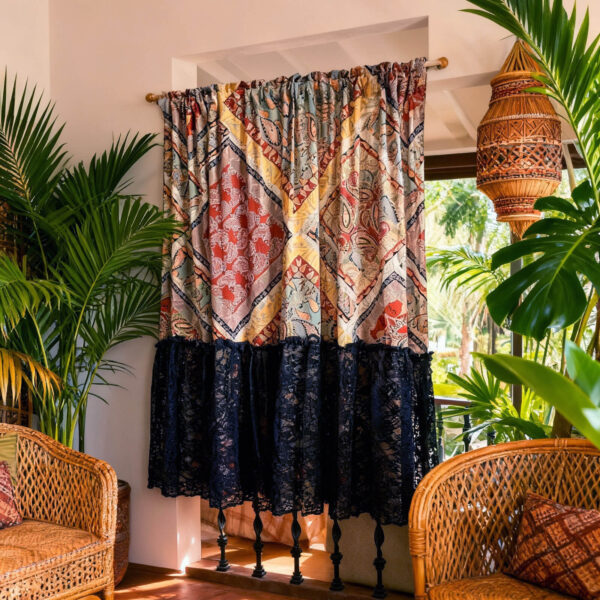 Boho rod‑pocket curtain beside tropical plants, rustic bohemian window home decor