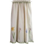 Cottage‑core kitchen‑sink short curtain, daffodil grape‑hyacinth floral print, green pom‑pom trim