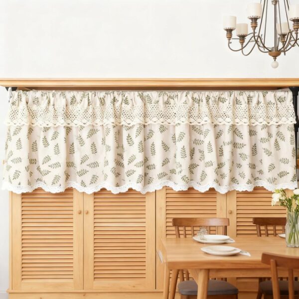 cotton cafe curtain valance leaf print lace edge short window treatment for farmhouse kitchen