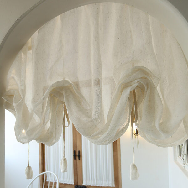 White sheer arch door valance curtain, French seaside‑style short curtain for curved arch doorway