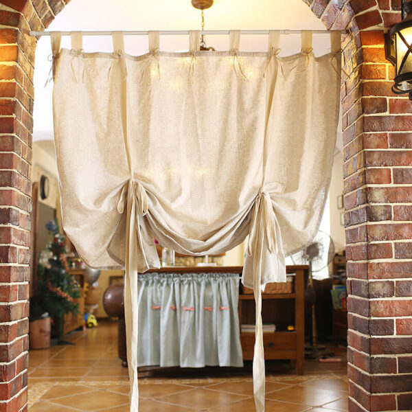 Linen blend woven curtain installed on arched doorway farmhouse home decor