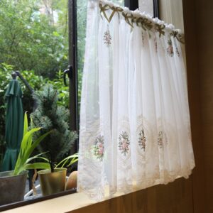 Korean style embroidered sheer tier curtain hanging on window, semi‑transparent rose floral short curtain