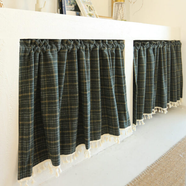 British vintage plaid tier curtain dark green check heavy‑weight short curtain with tassel fringe for kitchen cabinet window