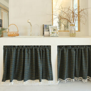 Multiple sizes of british vintage plaid tier curtain dark green check tassel short curtain for farmhouse kitchen decor