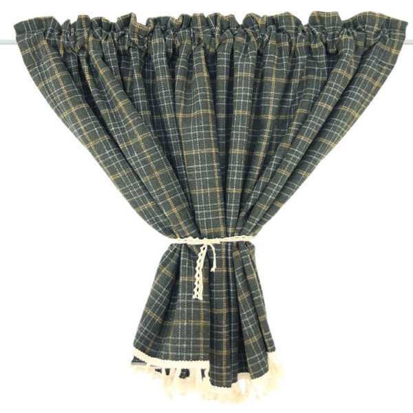 British vintage plaid tier curtain tied back look dark green check heavy‑weight short curtain