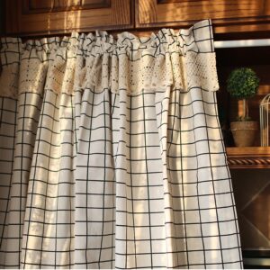 Farmhouse plaid short cafe curtain hung on curtain rod for kitchen small window