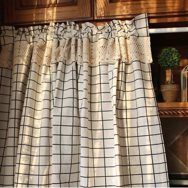 Farmhouse plaid short cafe curtain hung on curtain rod for kitchen small window