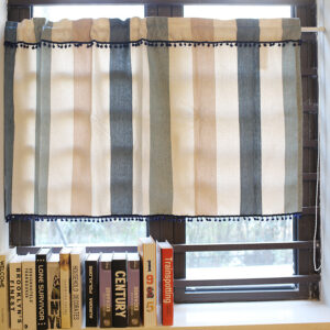 Striped pom pom linen cafe curtain, farmhouse short window curtain with tassel trim
