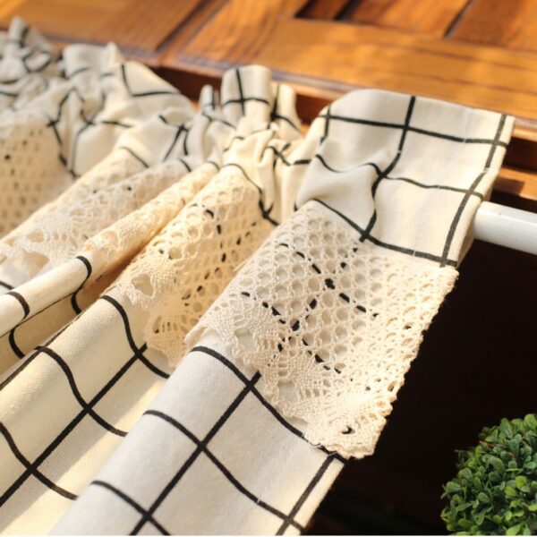 Black grid plaid cafe curtain with hollow lace edge, rod‑pocket short kitchen window curtain