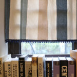 Vintage stripe linen curtain valance, black pom‑pom tassel trim for small window
