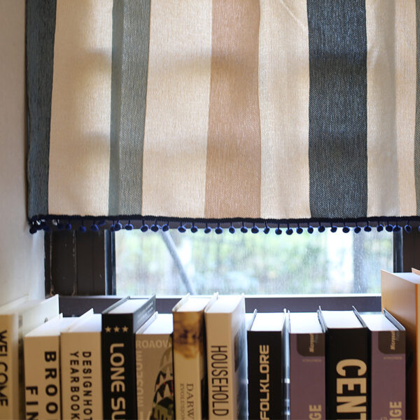 Vintage stripe linen curtain valance, black pom‑pom tassel trim for small window