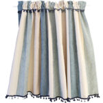 Rod pocket striped linen curtain panel, pom pom fringe home decor curtain