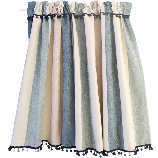 Rod pocket striped linen curtain panel, pom pom fringe home decor curtain
