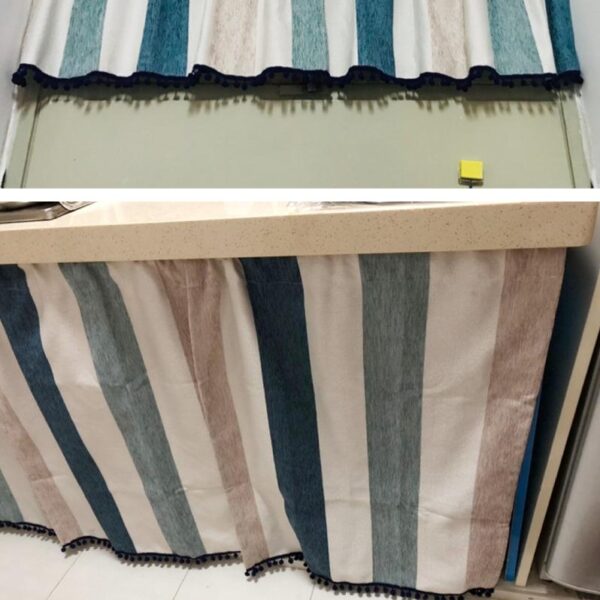 Striped linen curtain with pom pom fringe, layered window home decor shot