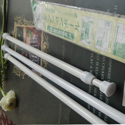 Adjustable white cafe curtain rods, spring tension rod for kitchen short window curtains