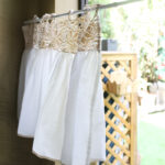 Boho kitchen window curtain, soft white cotton short tier curtain with delicate lace top