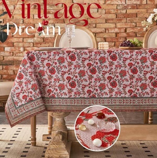 Jacobean Water‑Resistant Tablecloth vintage red floral decorative table cover
