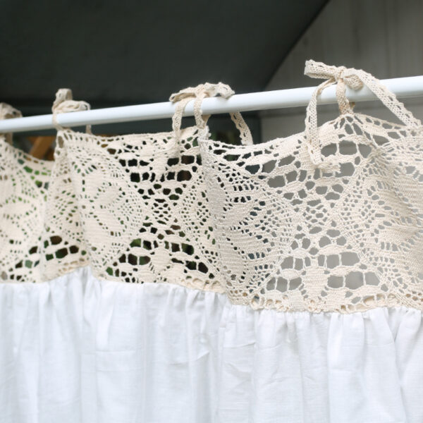 Close‑up view of hollow‑out lace header for boho kitchen window curtain