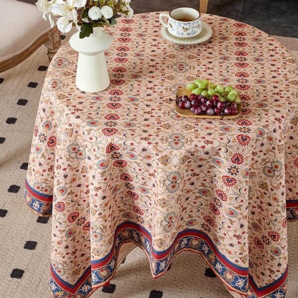 Arab geometric floral print polyester tablecloth, exotic middle‑eastern pattern demonstration