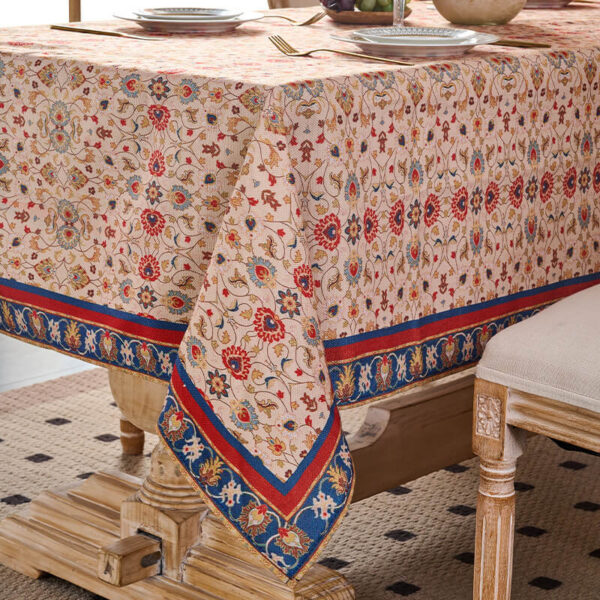 Middle‑eastern rectangular arab print tablecloth styled on bohemian dining room table