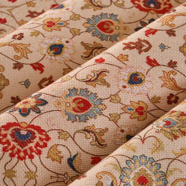 Close‑up view of middle eastern arab print polyester tablecloth, intricate vintage floral geometric pattern